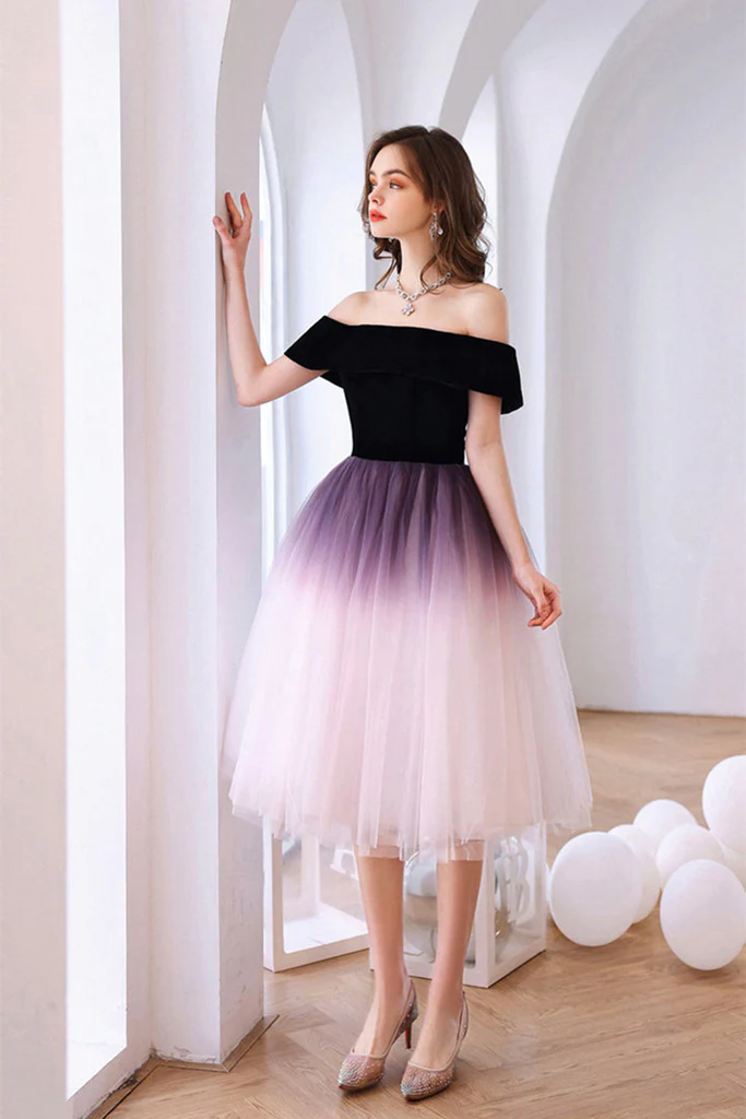 Off Shoulder Ombre Tulle Short Homecoming Dress, Ombre Formal Graduation Dress cc12 - VelvetHem