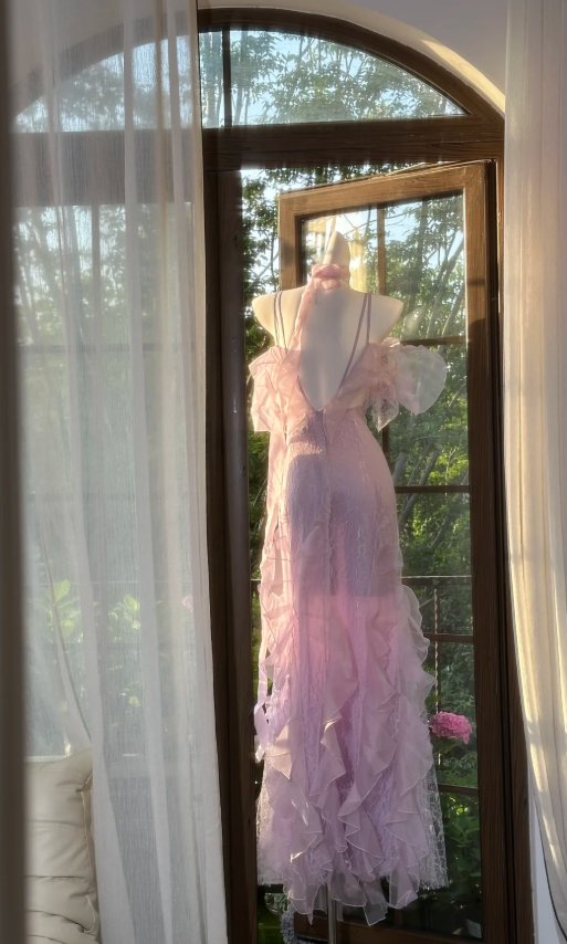 Classy Pink Spaghetti Straps V Neck Lace Chiffon Ruffle Mermaid Evening Dress Long Party Dress with Ribbon - View 3 | VelvetHem