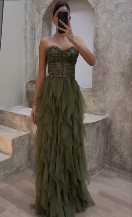 Vintage Green Tulle Beaded A Line Party Dress,Formal Prom Evening Gown