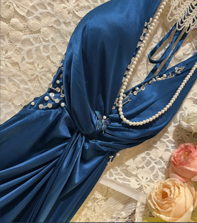 Fashion V Neck Navy Blue Satin Beaded Mermaid Long Party Dress Evening Dress - View 4 | VelvetHem