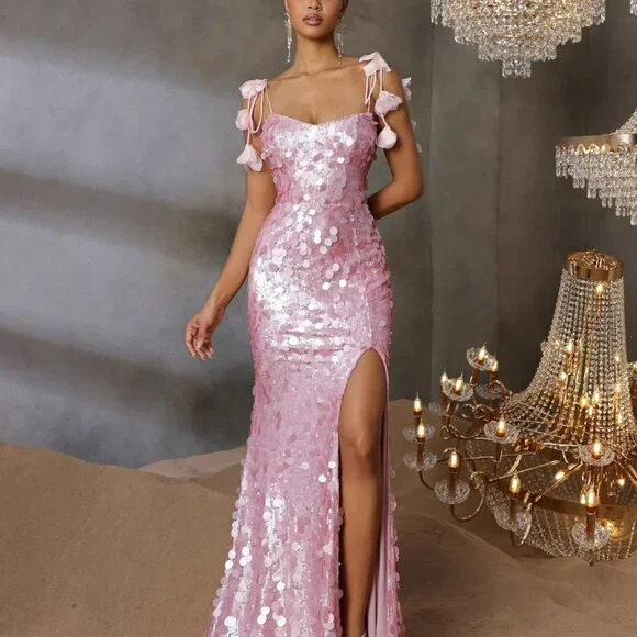 Sparkly Spaghetti Straps Pink Sequin Mermaid Slit Evening Dress Long Birthday Party Dress - View 3 | VelvetHem