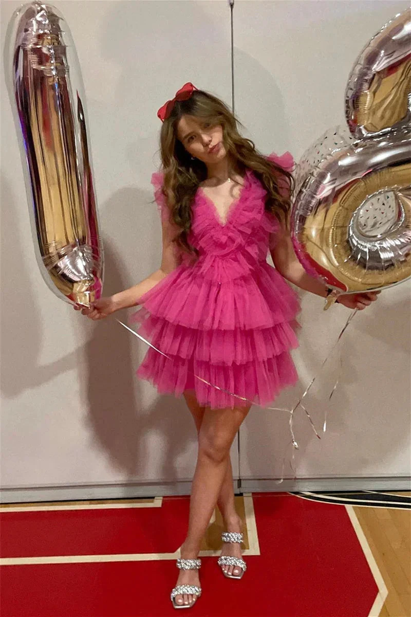 Cute Pink Ruffled Tiered Tulle Short Homecoming Dress Y1995 by simplepromdress