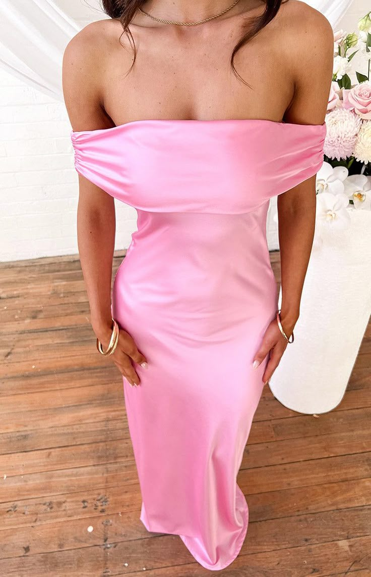 Chic Pink Off The Shoulder Satin Sheath Evening Dress,Long Prom Dress - VelvetHem