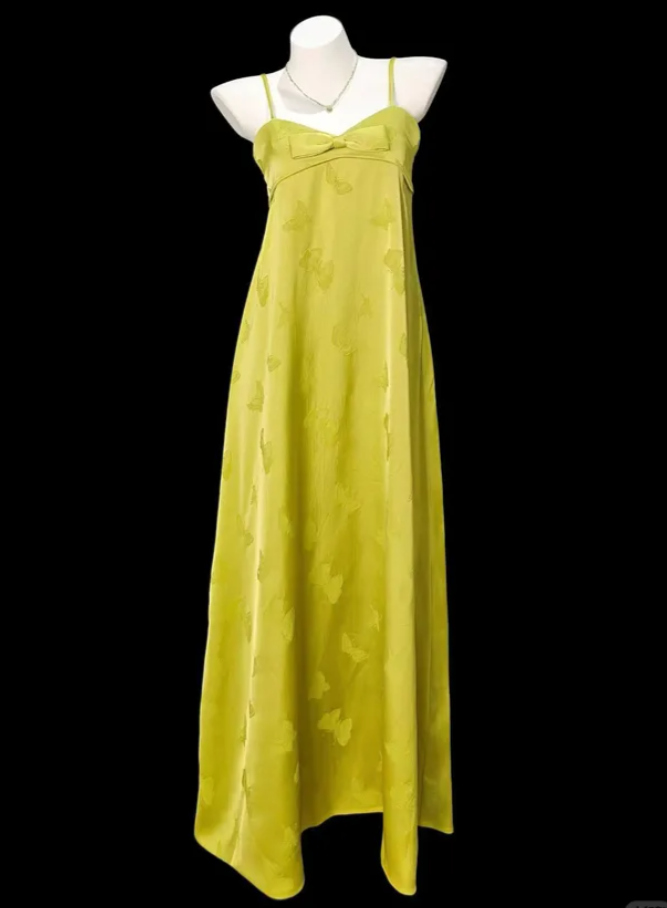 Unique Spaghetti Straps Chartreuse Green Satin Butterflies Print Long Party Dress Birthday Prom Dress