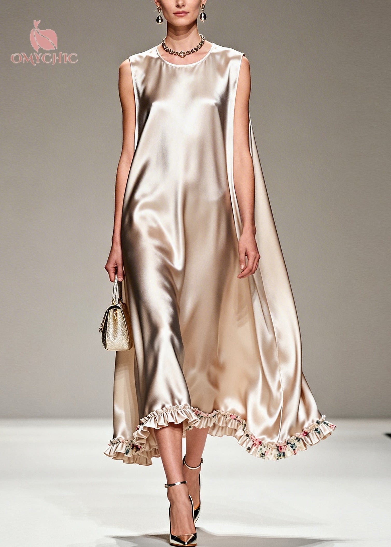 Natural Beige Ruffled Oversized Silk Robe Dresses Summer