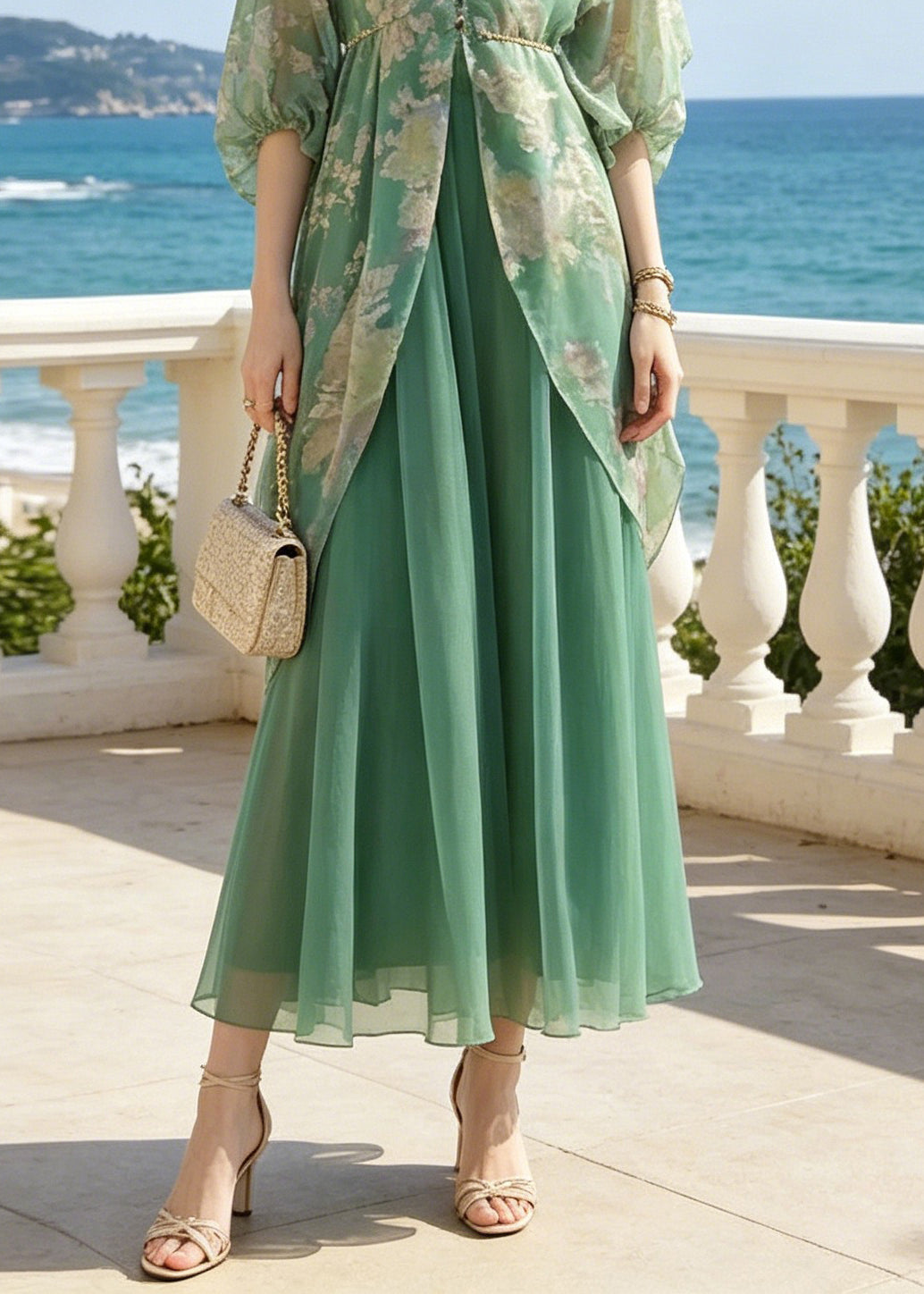 Natural Green V Neck Print Patchwork Party Chiffon Long Dress Lantern Sleeve