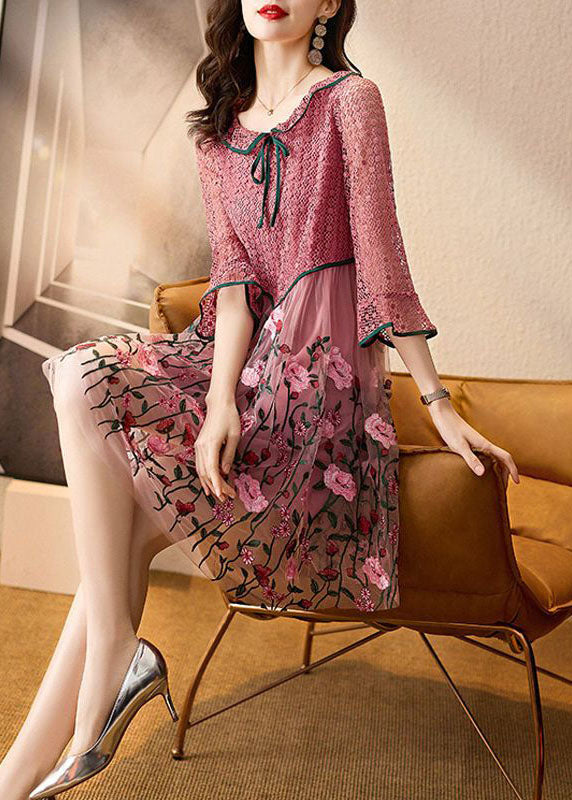 Natural Pink Embroideried Patchwork Tulle Mid Dress Spring