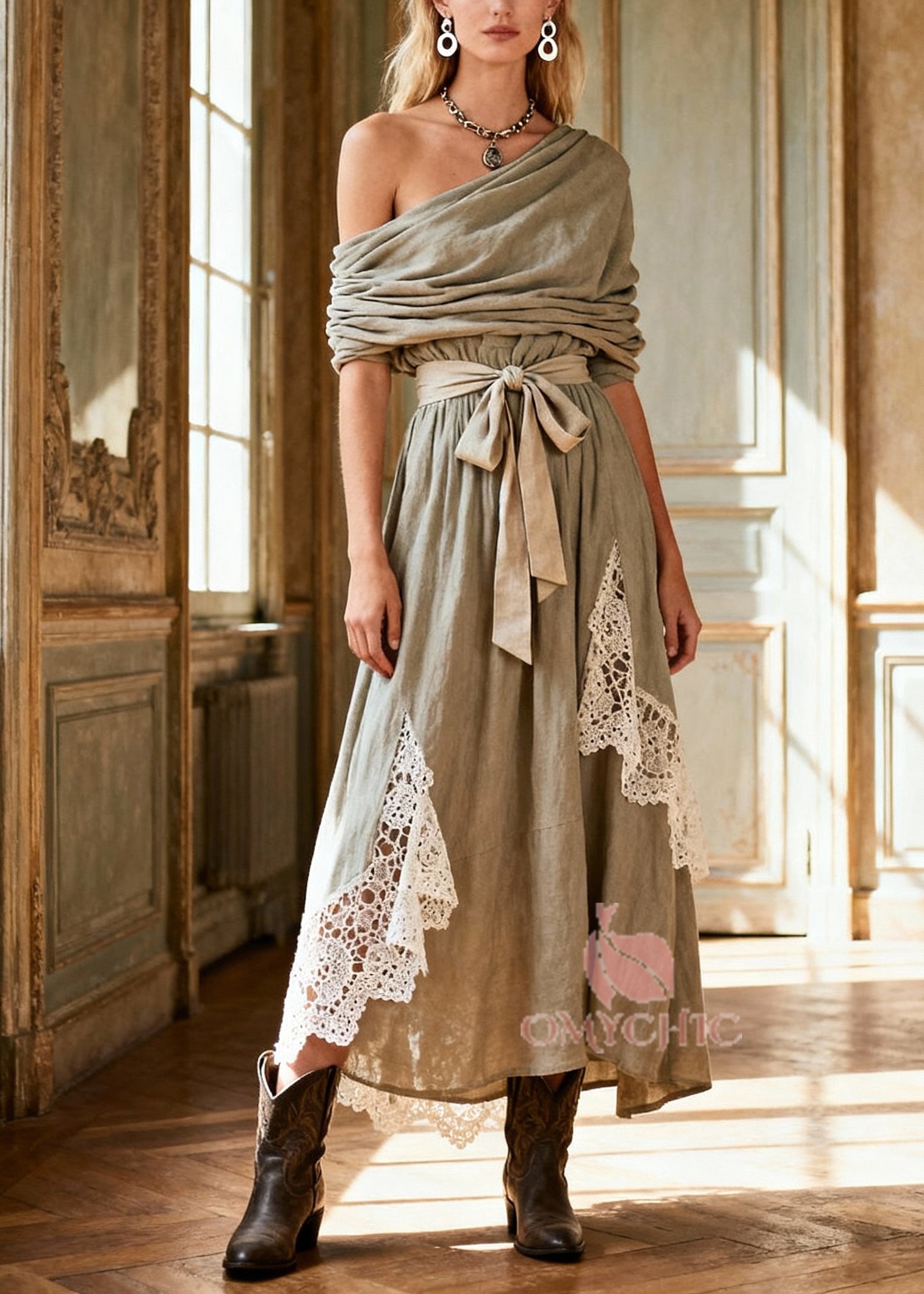 Natural Tie Waist Lace Patchwork Long Dress Spring