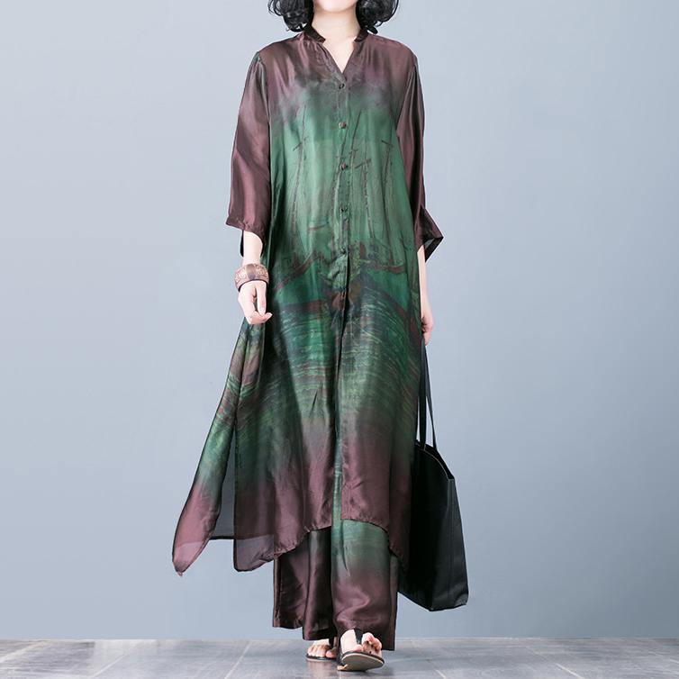 Natural With Wide Leg Pants Green Prints Silk Oversized Dresses Summer Two Pieces