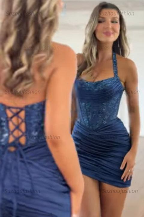 Navy Blue Glitter Halter Bodycon Mini Homecoming Dress Beaded Corset & Open Back