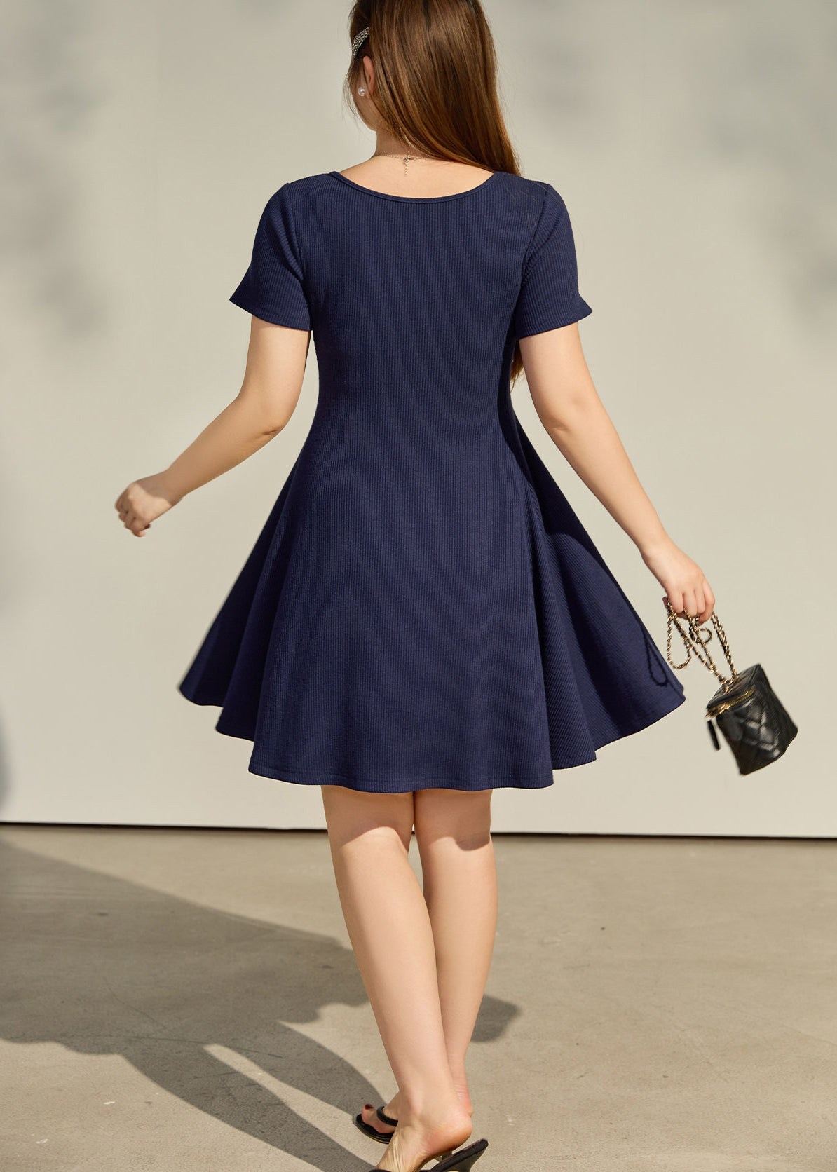 Navy Cotton Dresses U Neck Exra Large Hem Summer