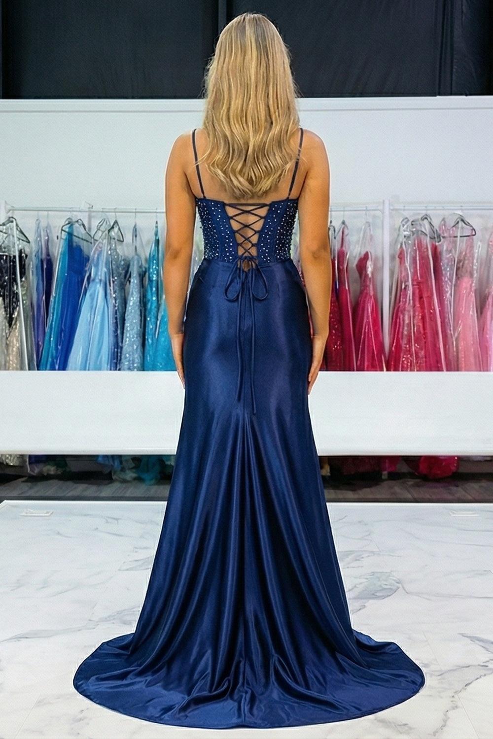 Suzhoufashion Navy Floral Satin Prom Dress Beaded Mermaid Corset Long Formal Dress With Slit