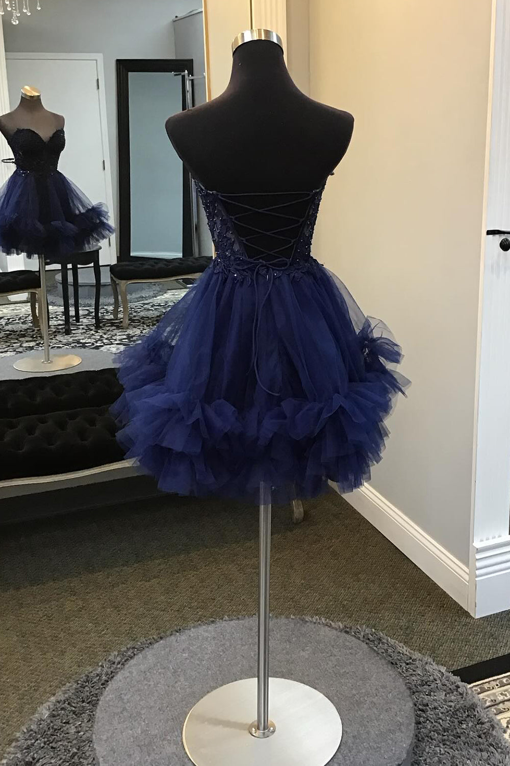 Navy Homecoming Dresses Beaded A Line Short Cocktail Dresses with Appliques