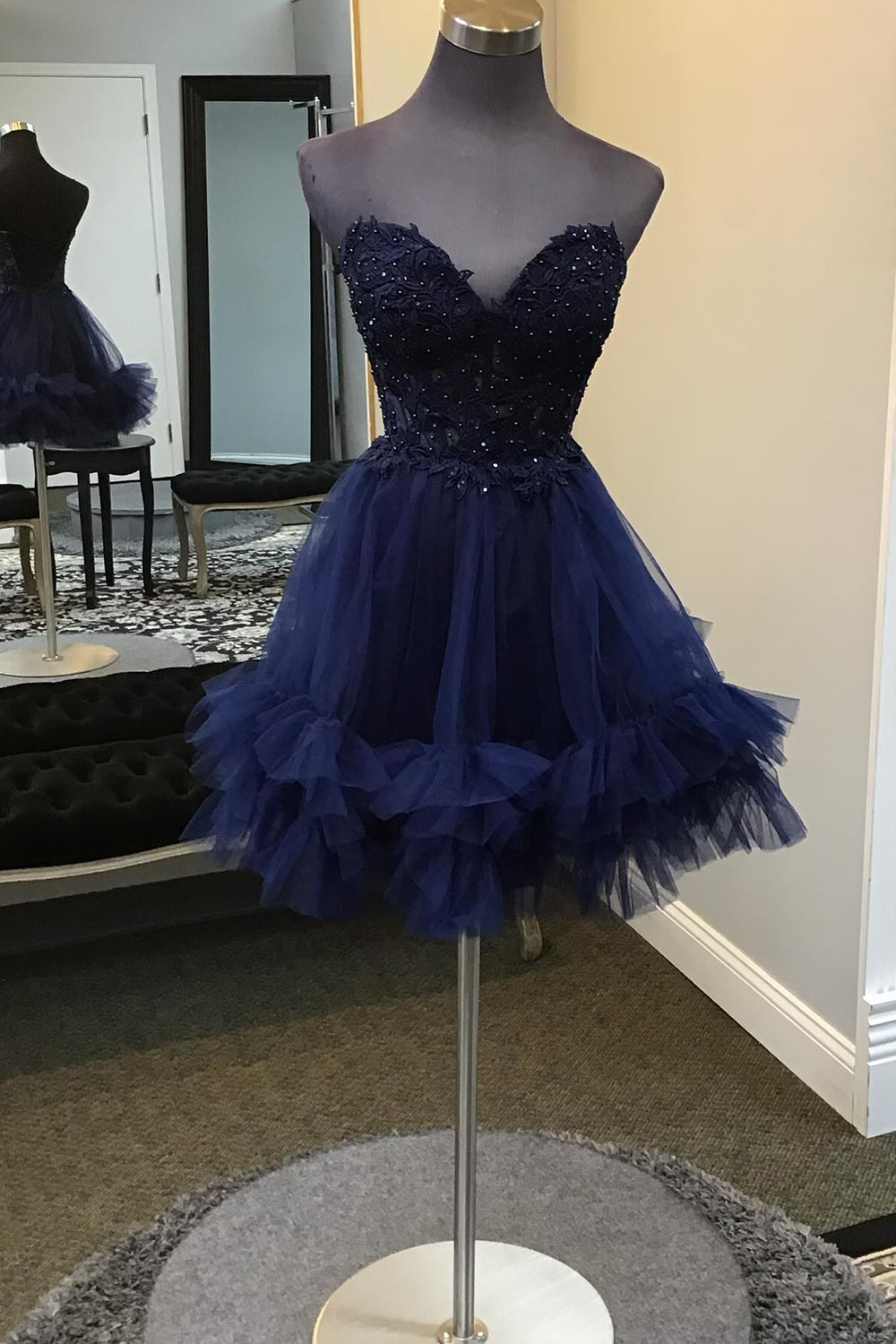 Navy Homecoming Dresses Beaded A Line Short Cocktail Dresses with Appliques