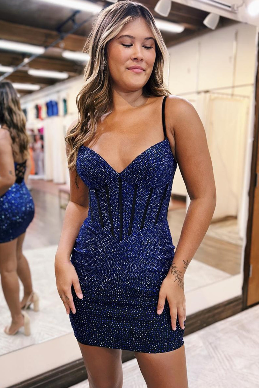 Navy Homecoming Dresses Beaded Lace-Up Back Corset Tight Short Cocktail Dresses