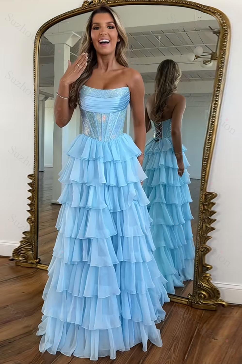 Navy Prom Dress A Line Strapless Corset Long Chiffon Formal Dress