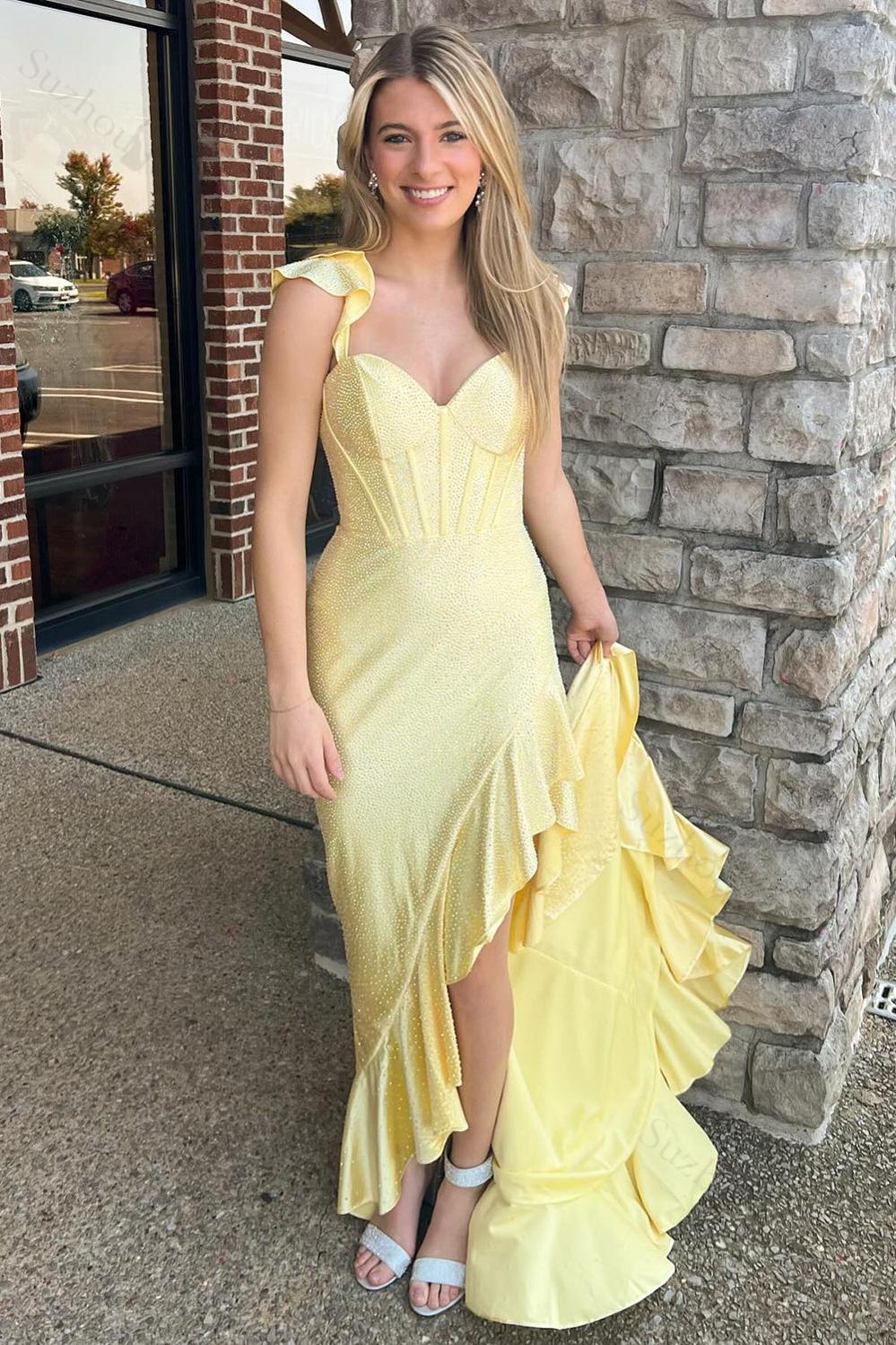 Navy Prom Dress Mermaid Corset Asymmetrical Formal Dress With Ruffles