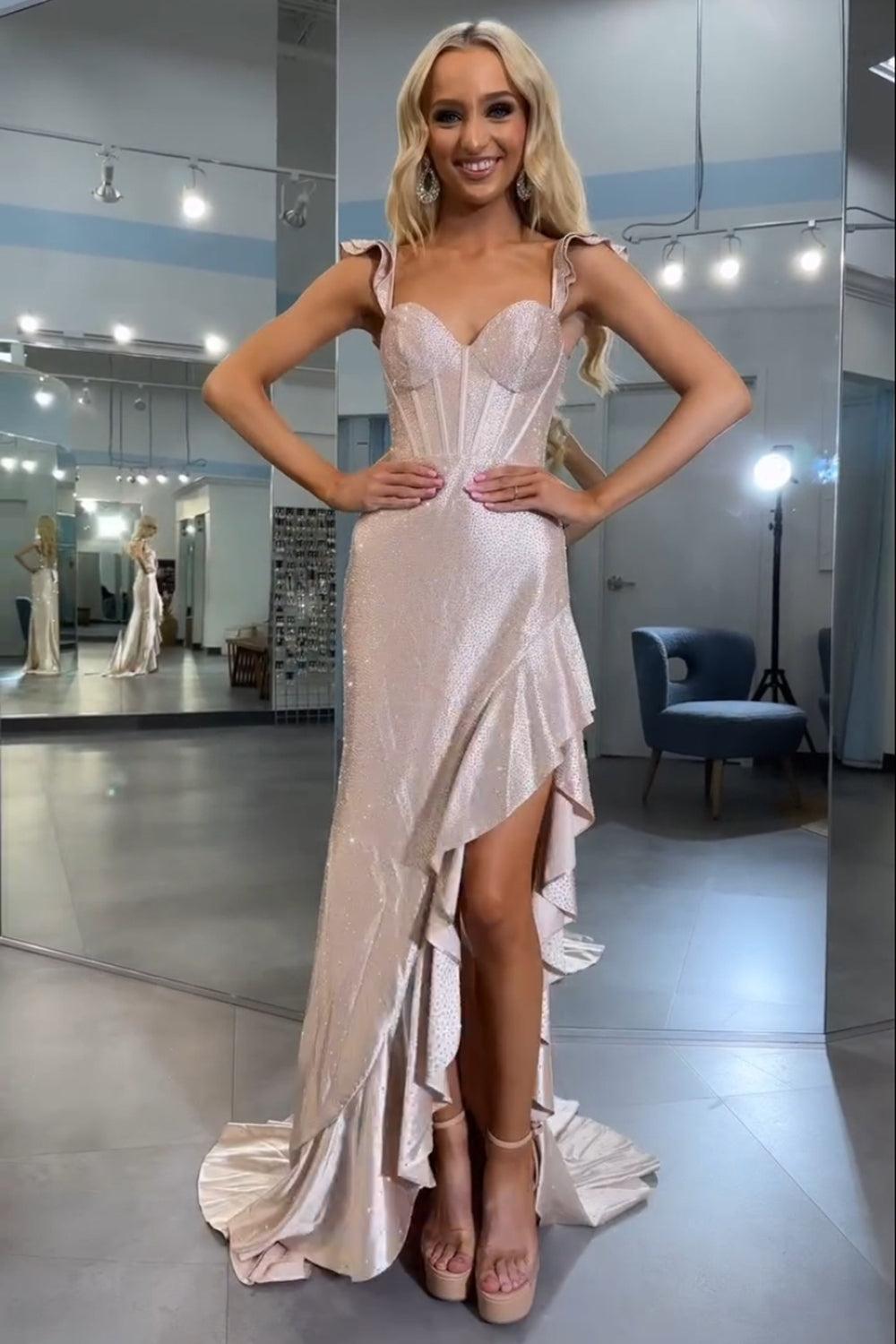 Navy Prom Dress Mermaid Corset Asymmetrical Formal Dress With Ruffles