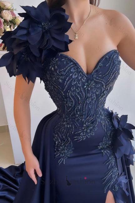 Navy Prom Dress One Shoulder Sleeveless Panel Train Satin Formal Dress With 3D Flowers