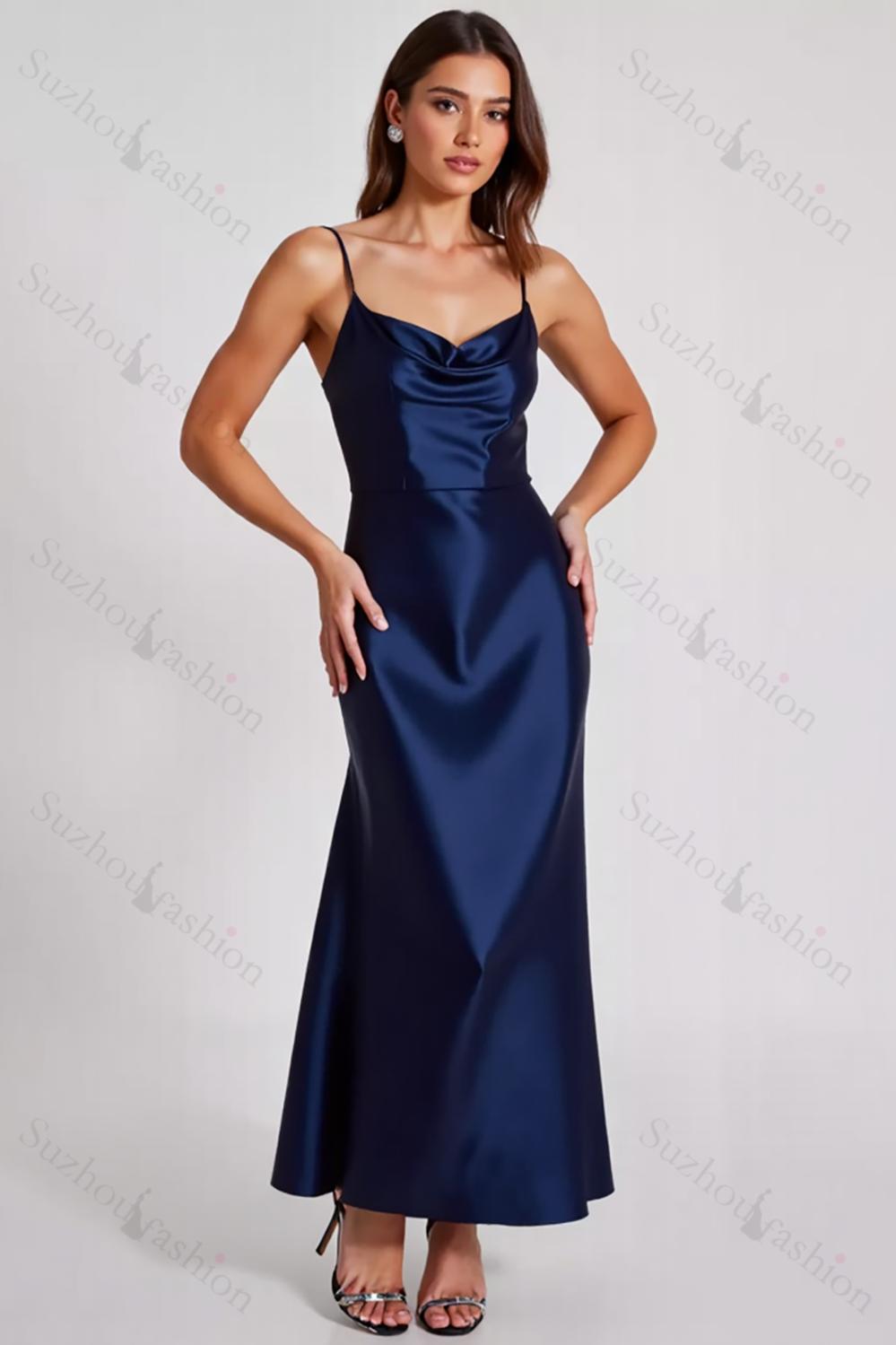 Navy Prom Dress Satin A Line Spaghetti Straps Long Formal Dress
