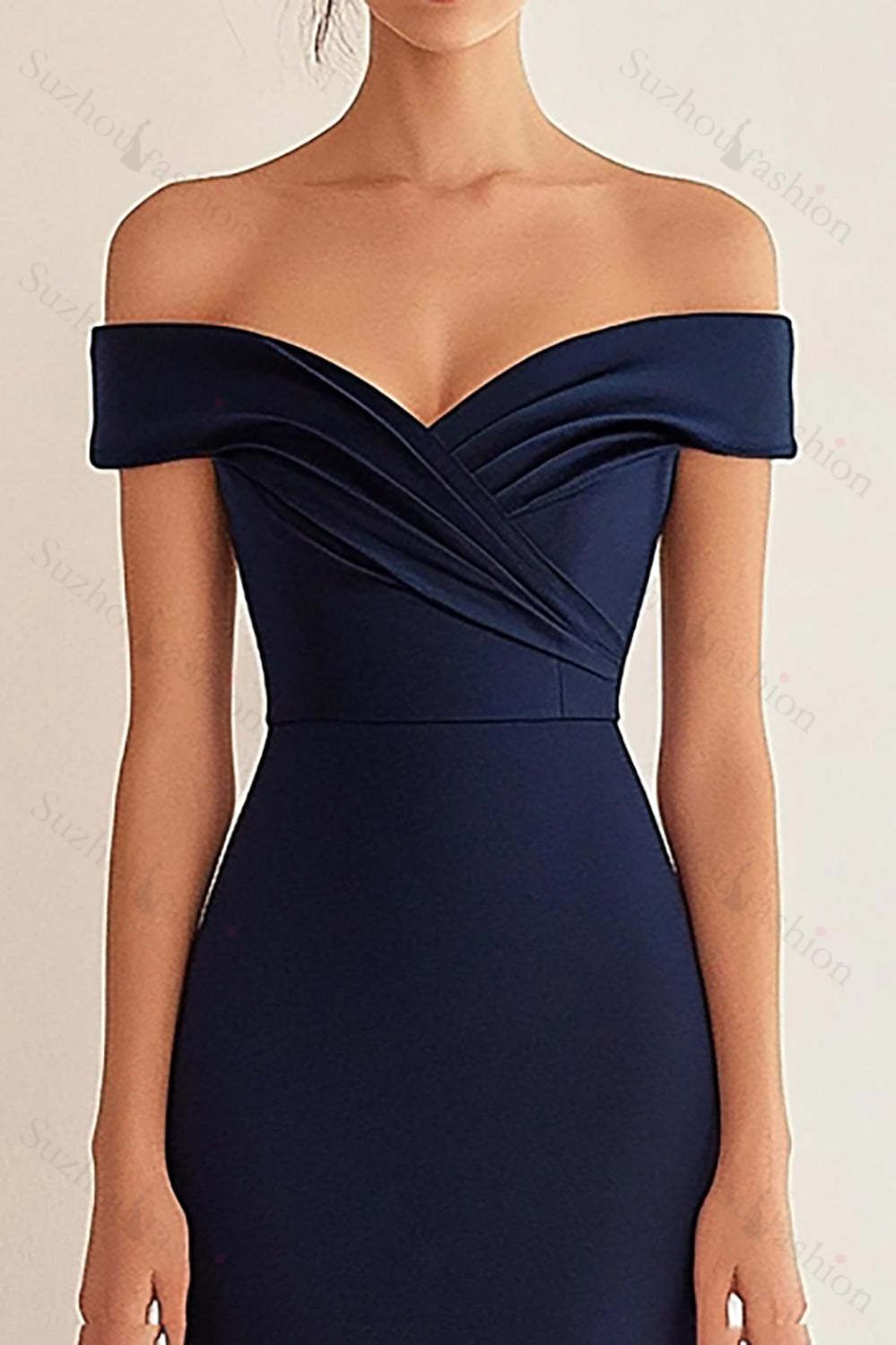 Navy Prom Dress Satin Long Off The Shoulder Mermaid Ruched Formal Dress