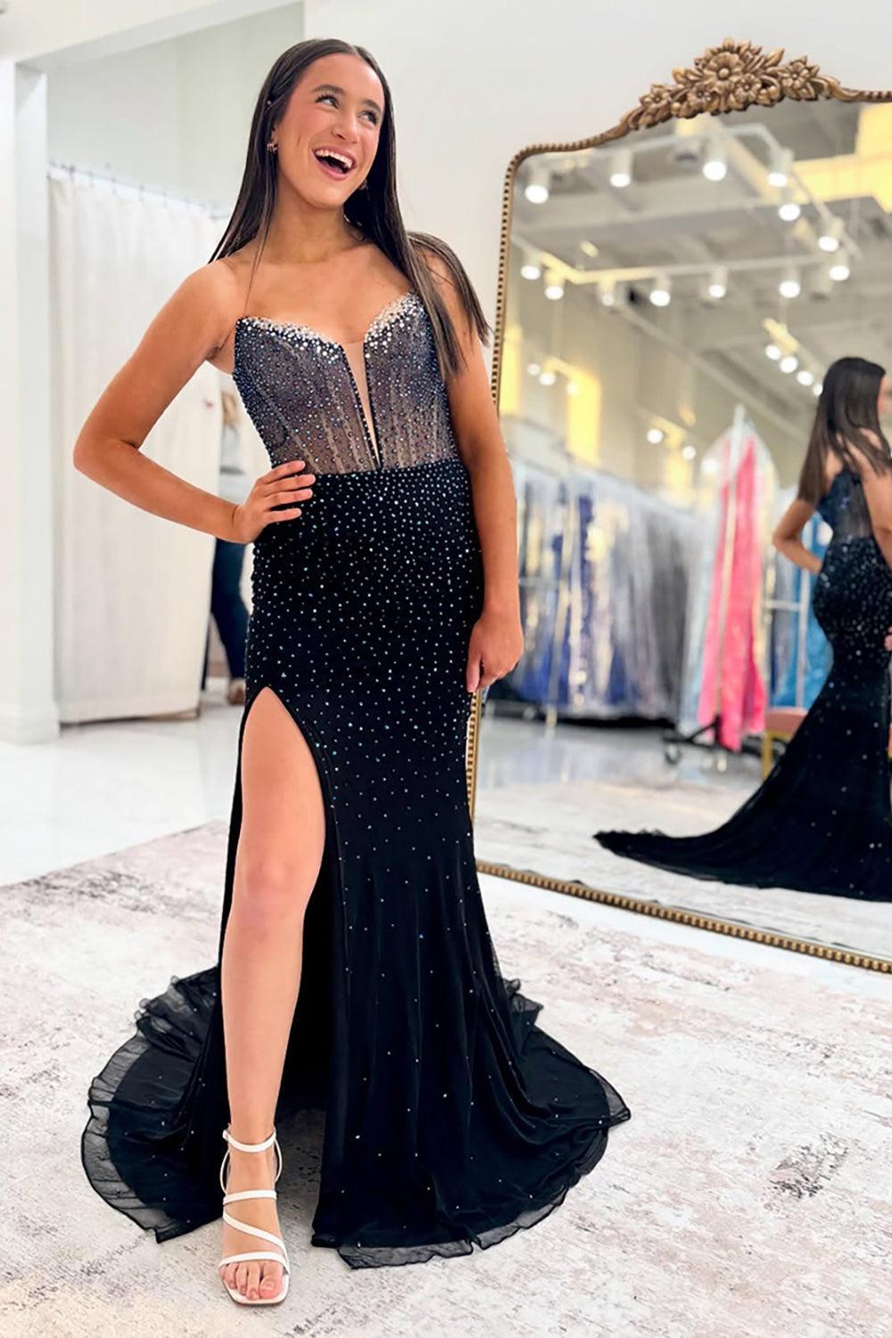 Navy Prom Dress Sweetheart Corset Beaded Long Formal Dress With Slit