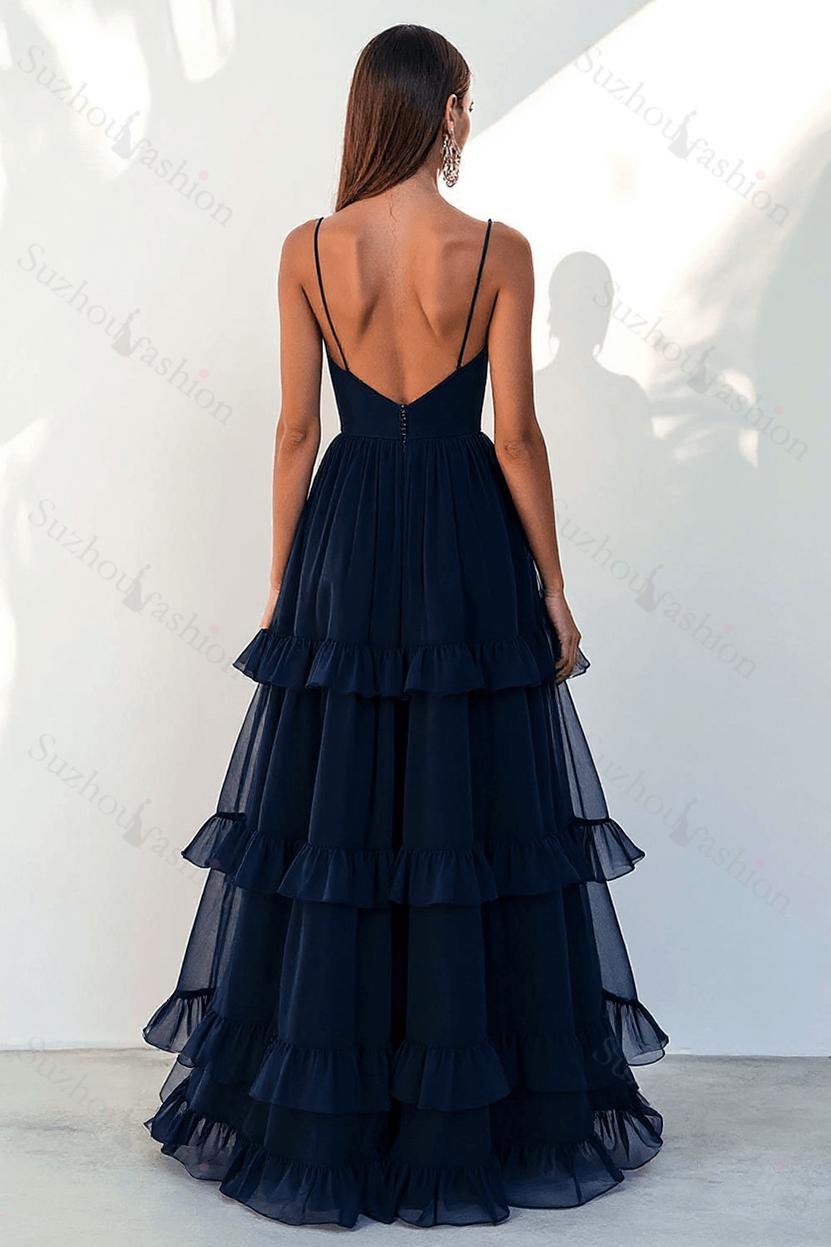 Navy Prom Dress Tulle Spaghetti Straps Tiered A Line Long Formal Dress