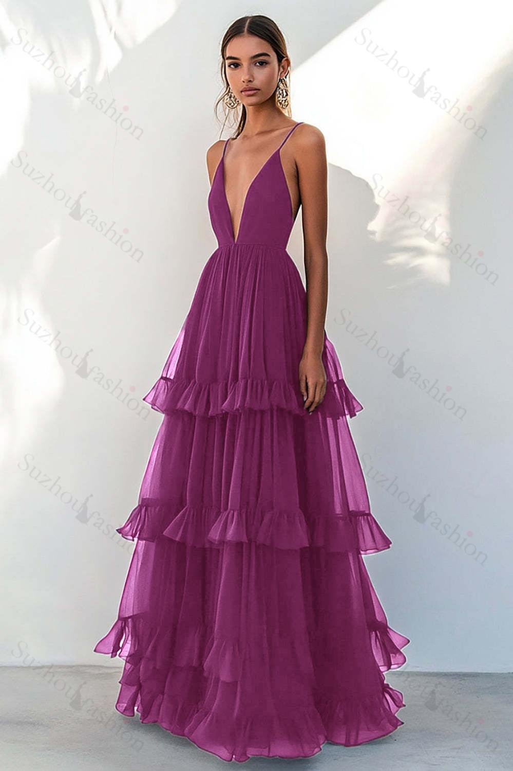 Navy Prom Dress Tulle Spaghetti Straps Tiered A Line Long Formal Dress