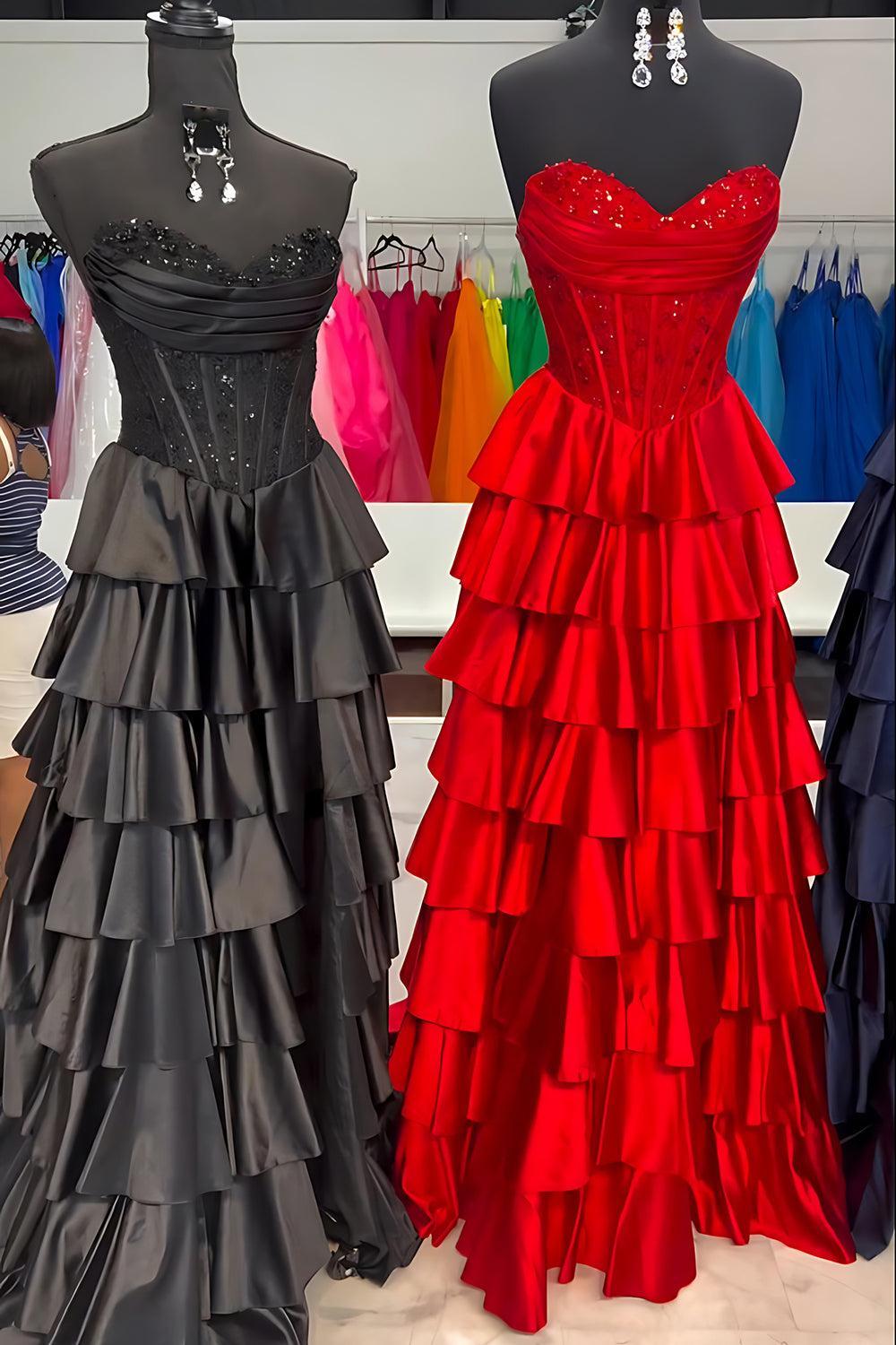 Suzhoufashion Navy Satin Corset Prom Dress Sweetheart A Line Long Formal Dress With Ruffles