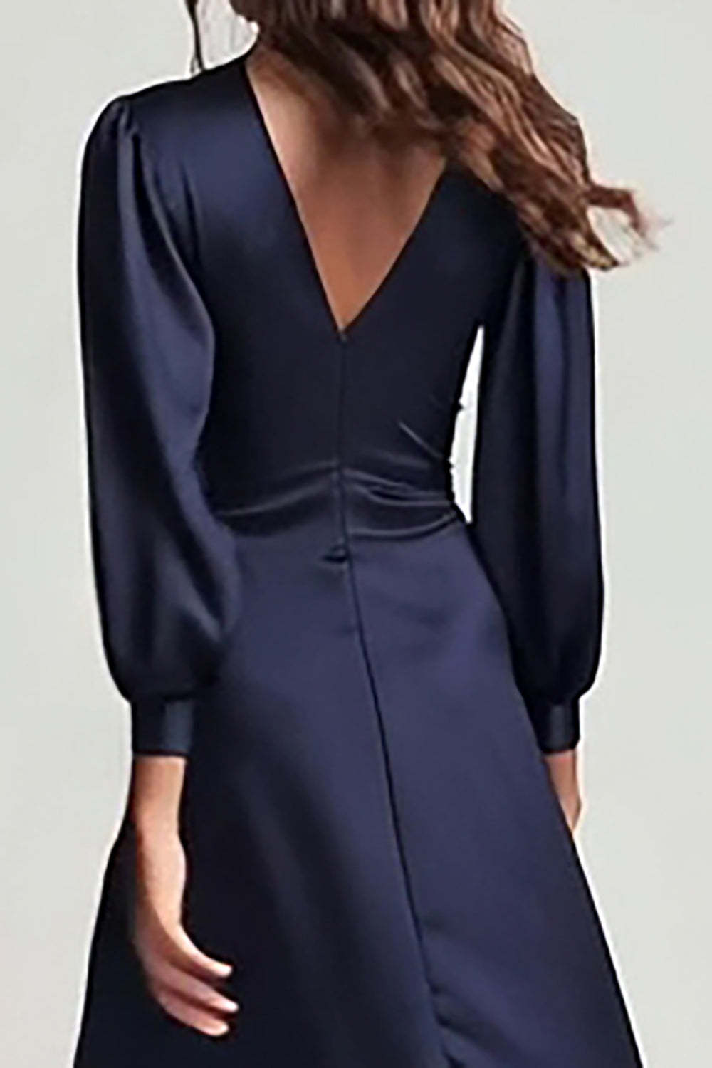 Suzhoufashion Navy V-Neck Satin Backless Ruched Midi Prom Dress With Sleeves