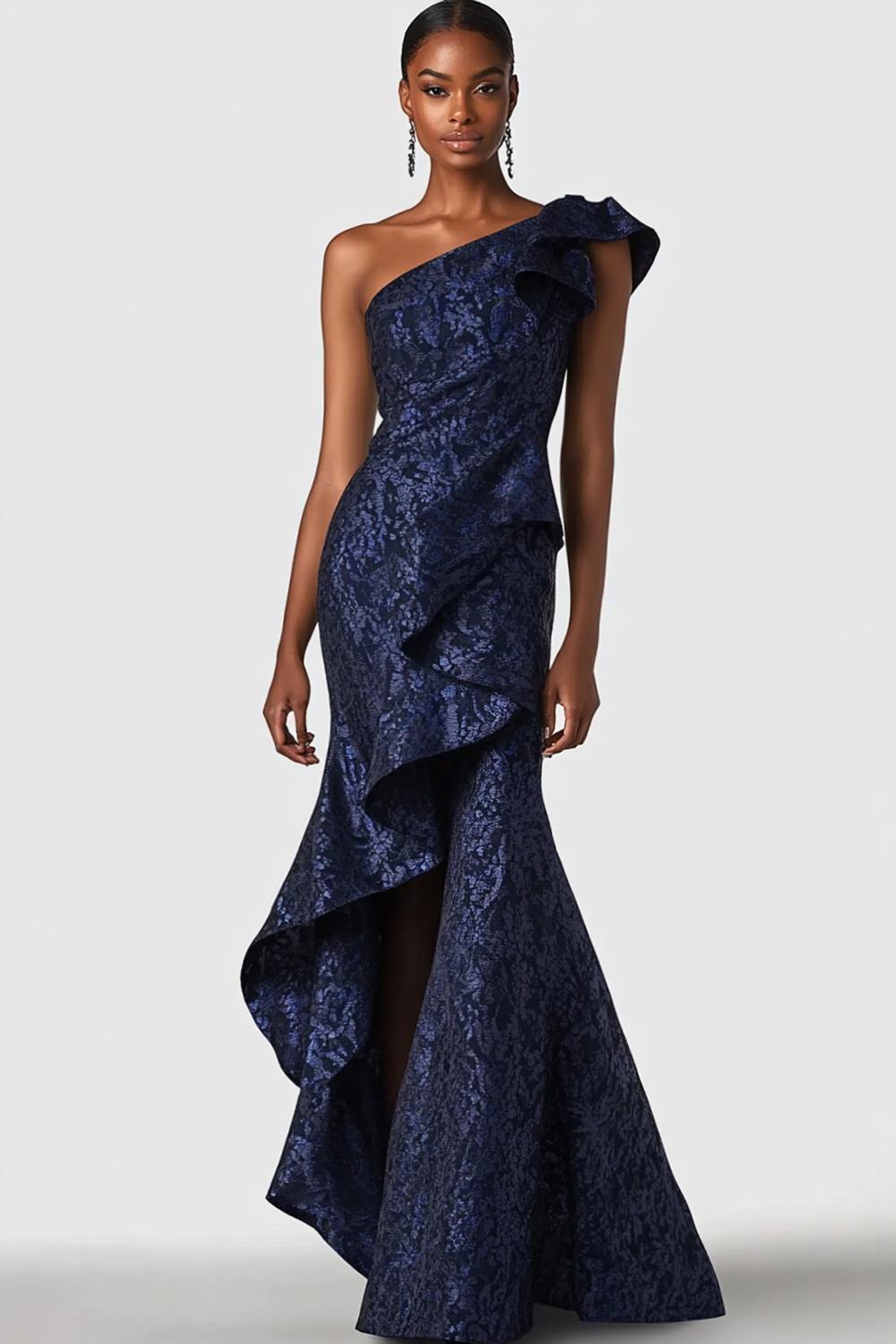Navy Wedding Guest Dress One Shoulder Mermaid Long Formal Dress With Ruffles