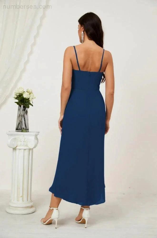ZapDress Spaghetti Chiffon V Neck Bridesmaid Dress Mid-Length Slit Formal Prom Dress Homecoming Dress 2803 (ZD16952)