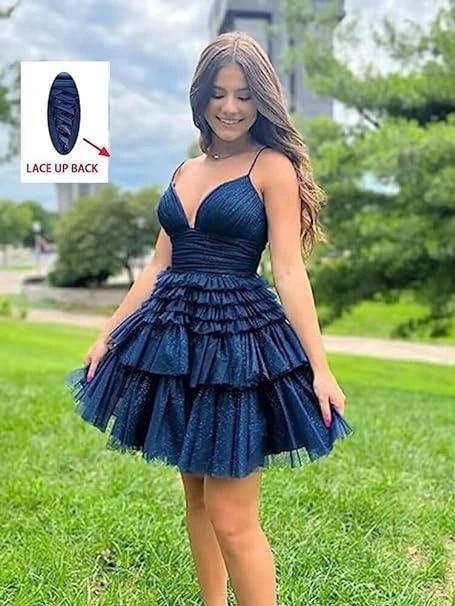 Straps Sparkly Tulle Homecoming Dress with Tiered Ruffle Skirt (ZD11706)