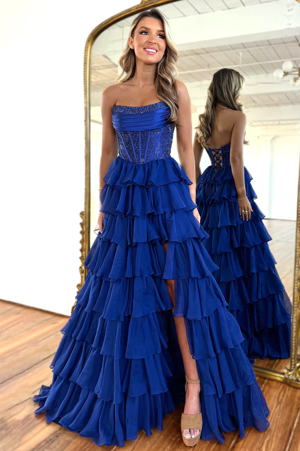 Stunning Strapless A-Line Sparkly Long Layered Chiffon Prom Dress With Slit - View 3 | VelvetHem