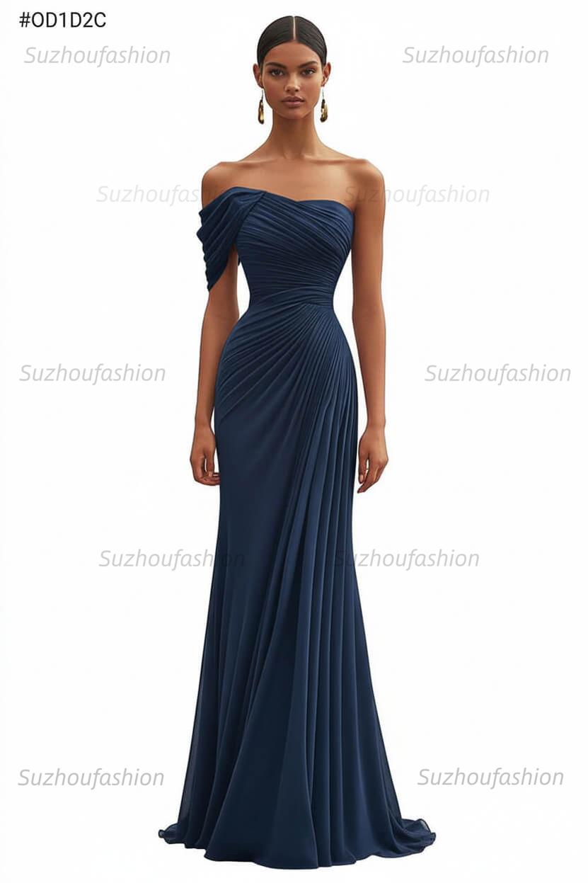 One Shoulder Ruched Mermaid Dark Green Wedding Guest Dress Long Formal Dress
