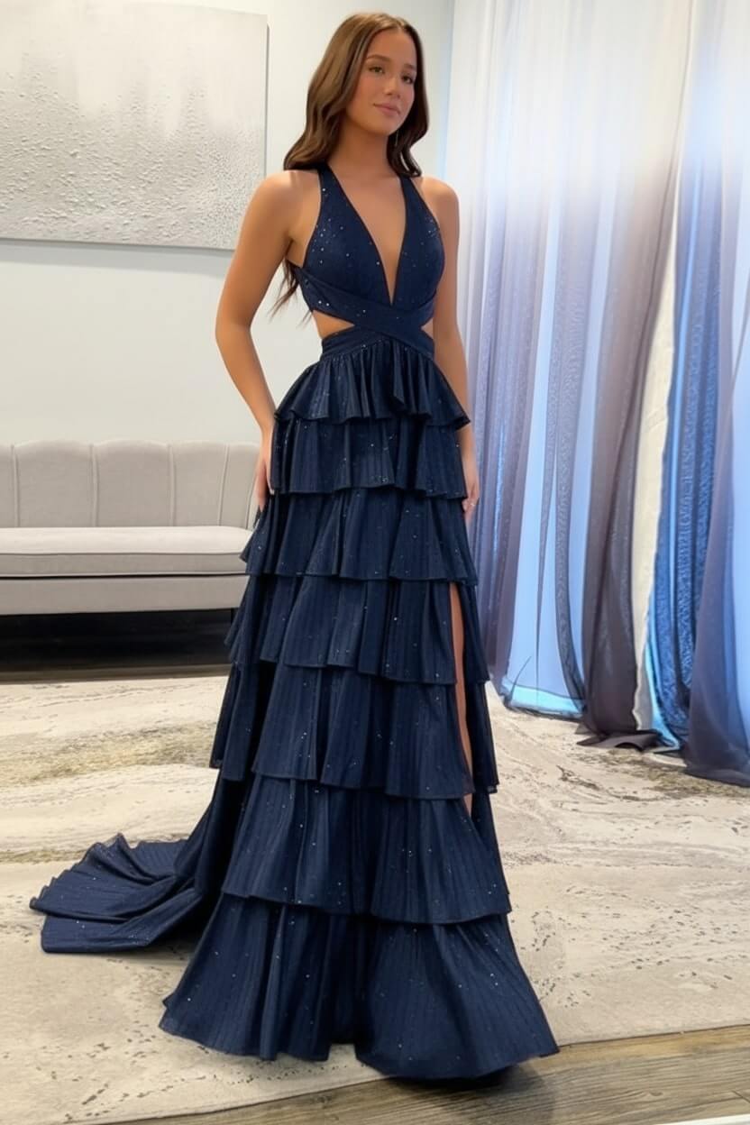 Emerald Green Prom Dress Tiered A-Line Halter Long Formal Dress With Slit