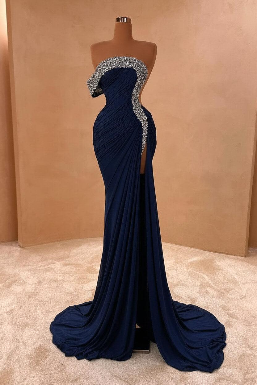 One Shoulder Sleeveless Long Split Evening Formal Dress With Pleated Sequined