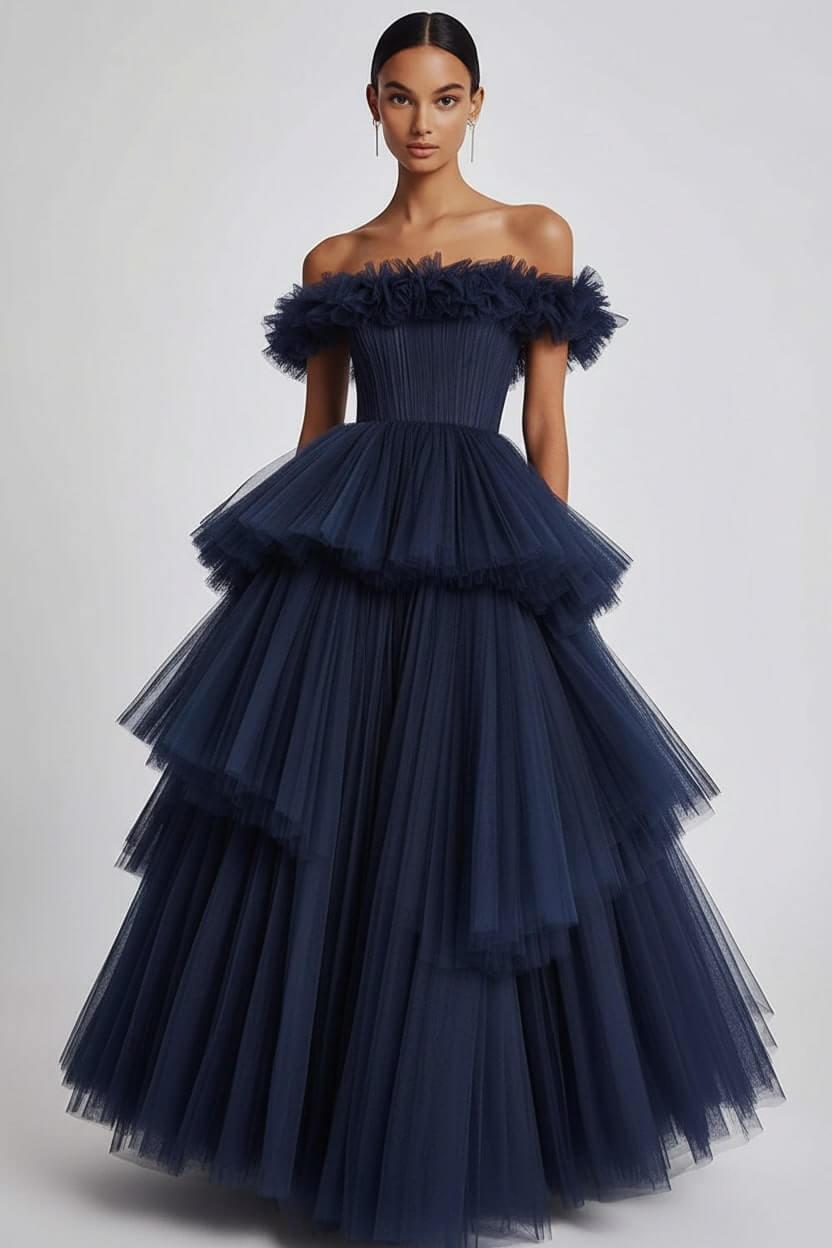 Dusty Sage Prom Dress Tulle Off The Shoulder Ball Gown Formal Dress With Ruffles