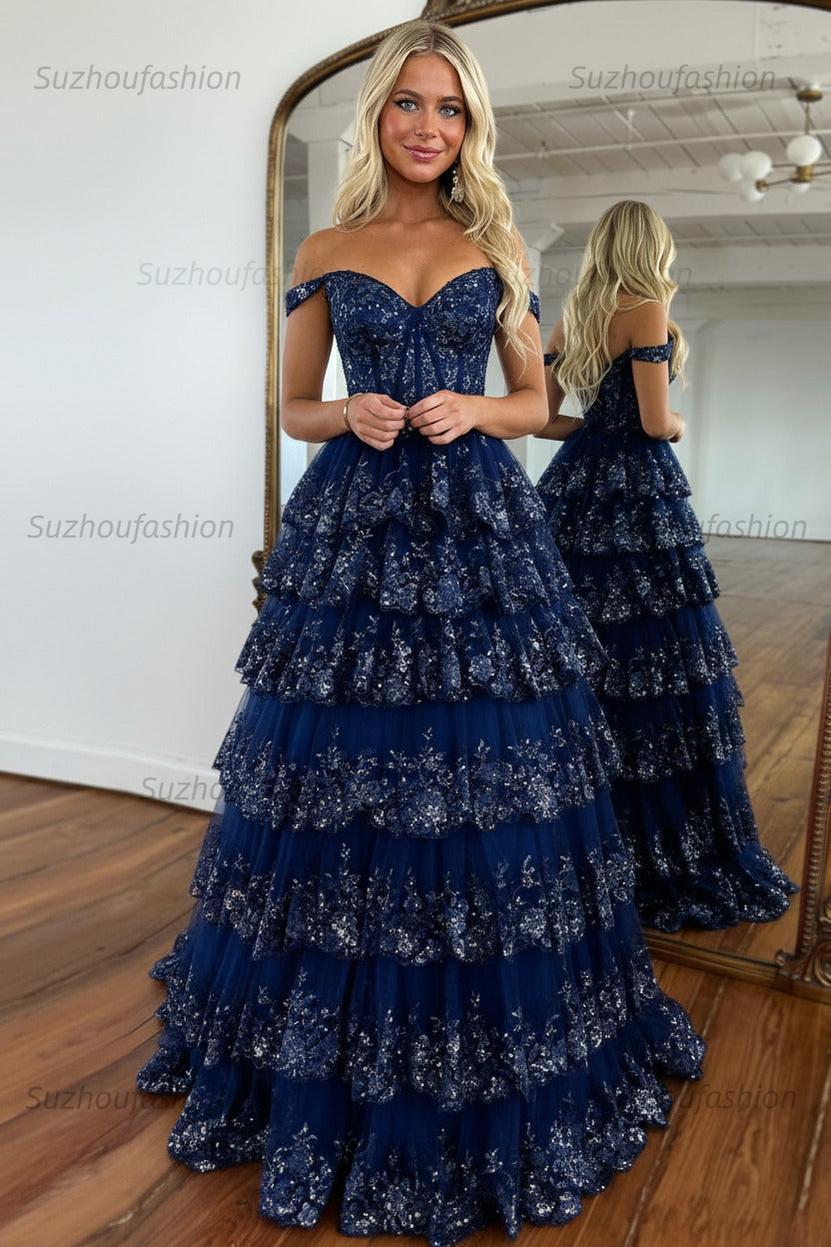 Glitter Hot Pink Corset Off the Shoulder Lace Long Prom Dress