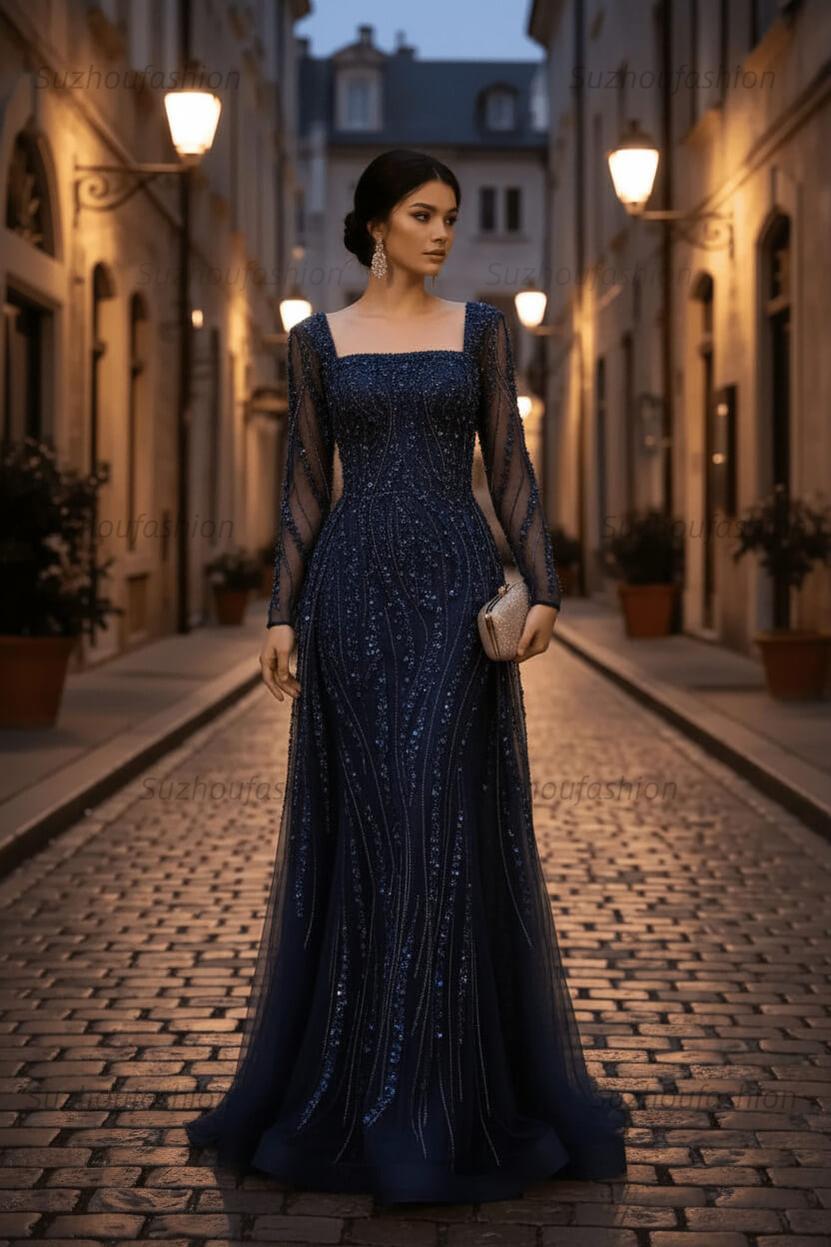 Square Neck Long Sleeves Long Mermaid Evening Formal Dress With Beading Tulle