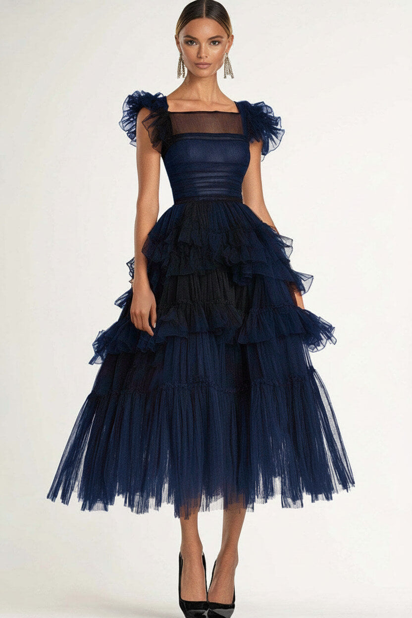 Tea Length Black Wedding Guest Dress A-Line Flatter Sleeves Tulle Formal Dress With Ruffles