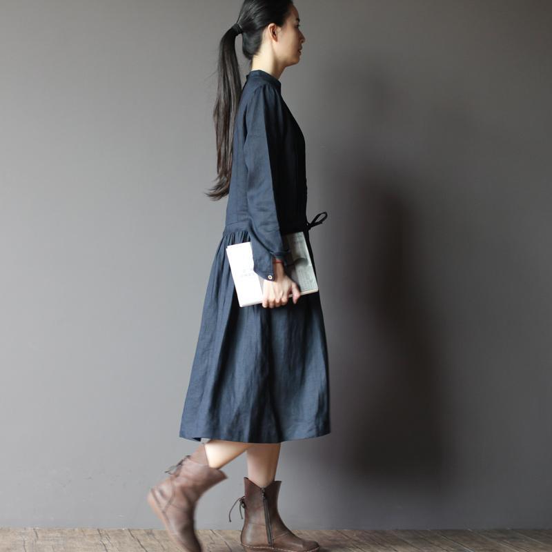 Navy Retro Linen dress long sleeve sundresses Plus size Casual style