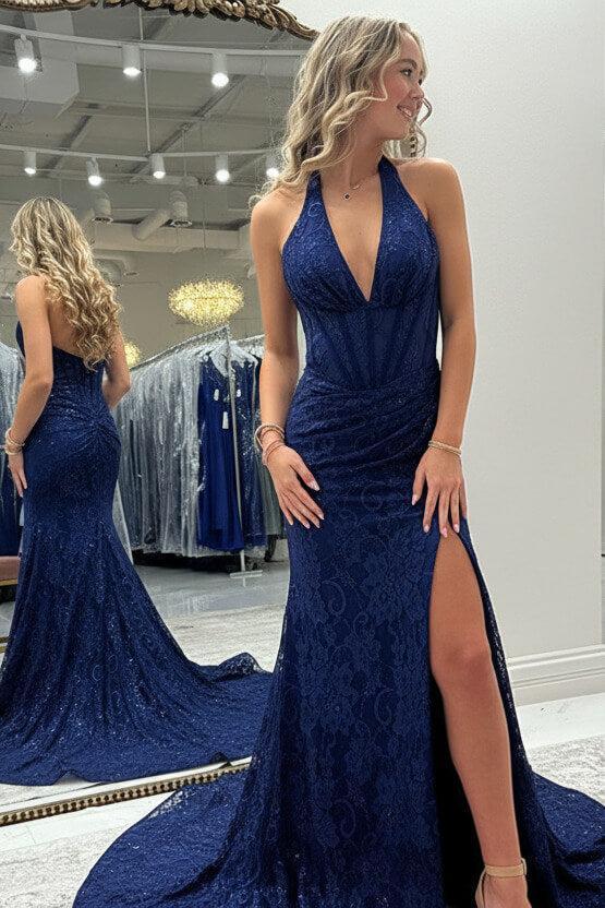 Halter Pink Prom Dress Long Lace Formal Dress With Slit