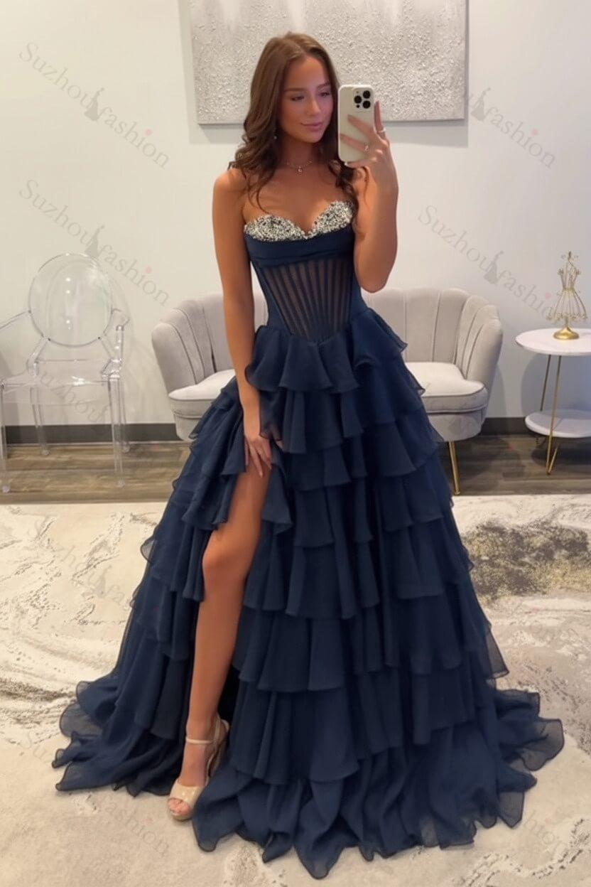 Ruffled Black Prom Dress A Line Corset Long Formal Dress With Beadings