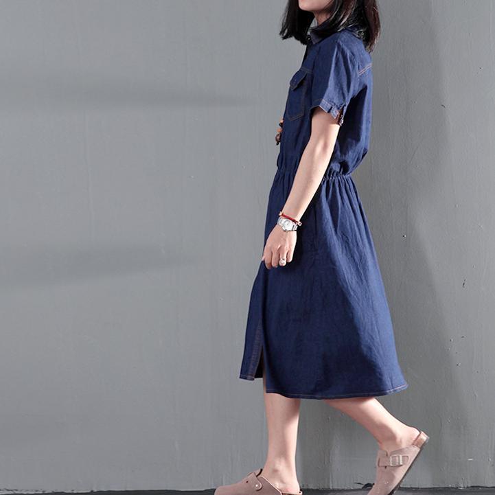 Navy blue summer denim dress tunic casual denim sundress plus size thin for summer