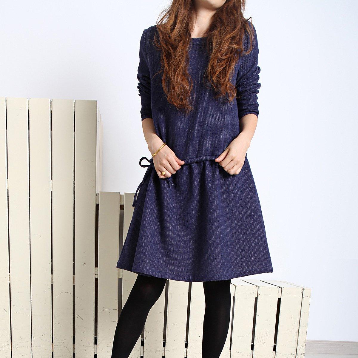 Navy cotton plus size spring dress long sleeve fit flare dress
