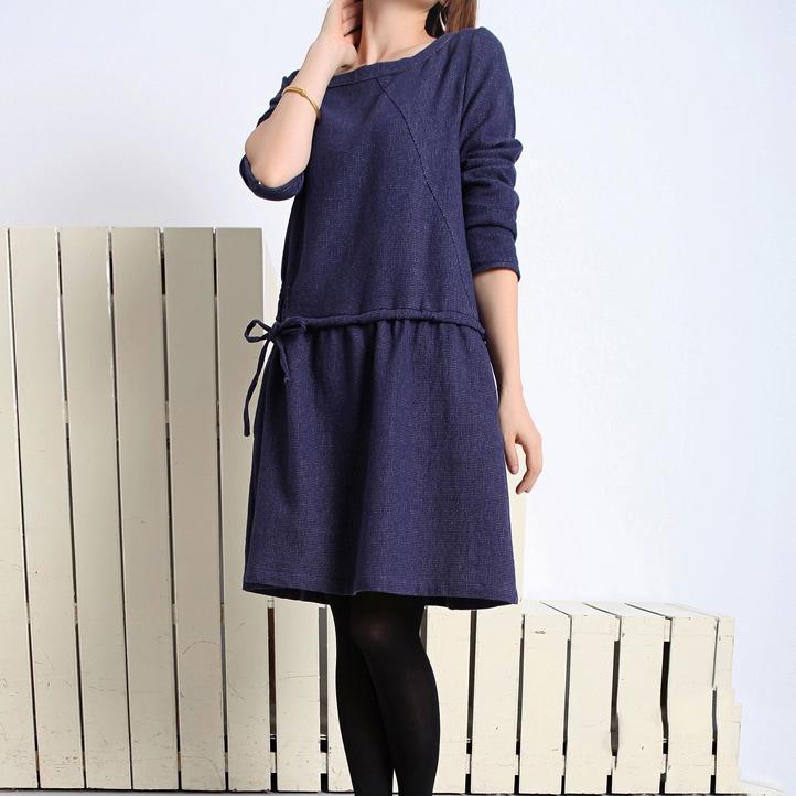 Navy cotton plus size spring dress long sleeve fit flare dress