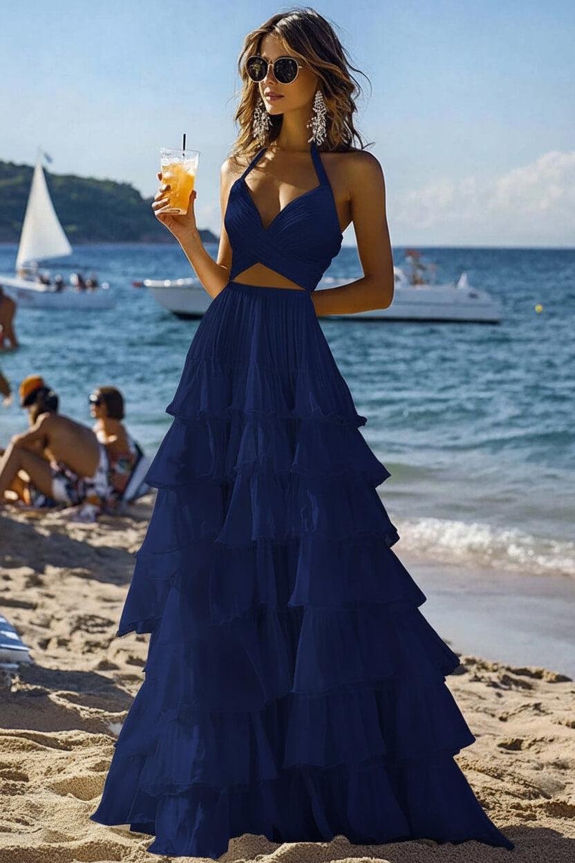Halter Tiered White 2 Piece Ruffled Formal Dress