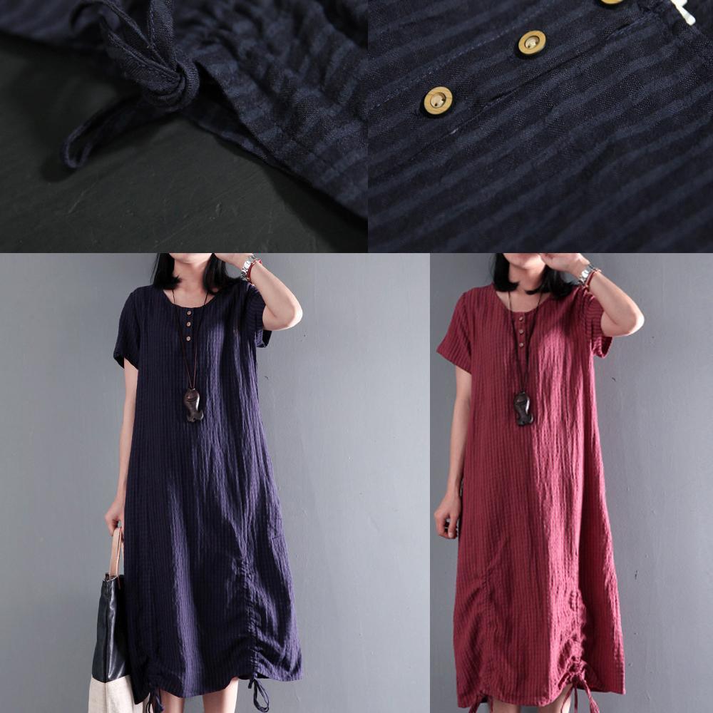 Navy drawstring linen maxi dress for summer unique long sundresses