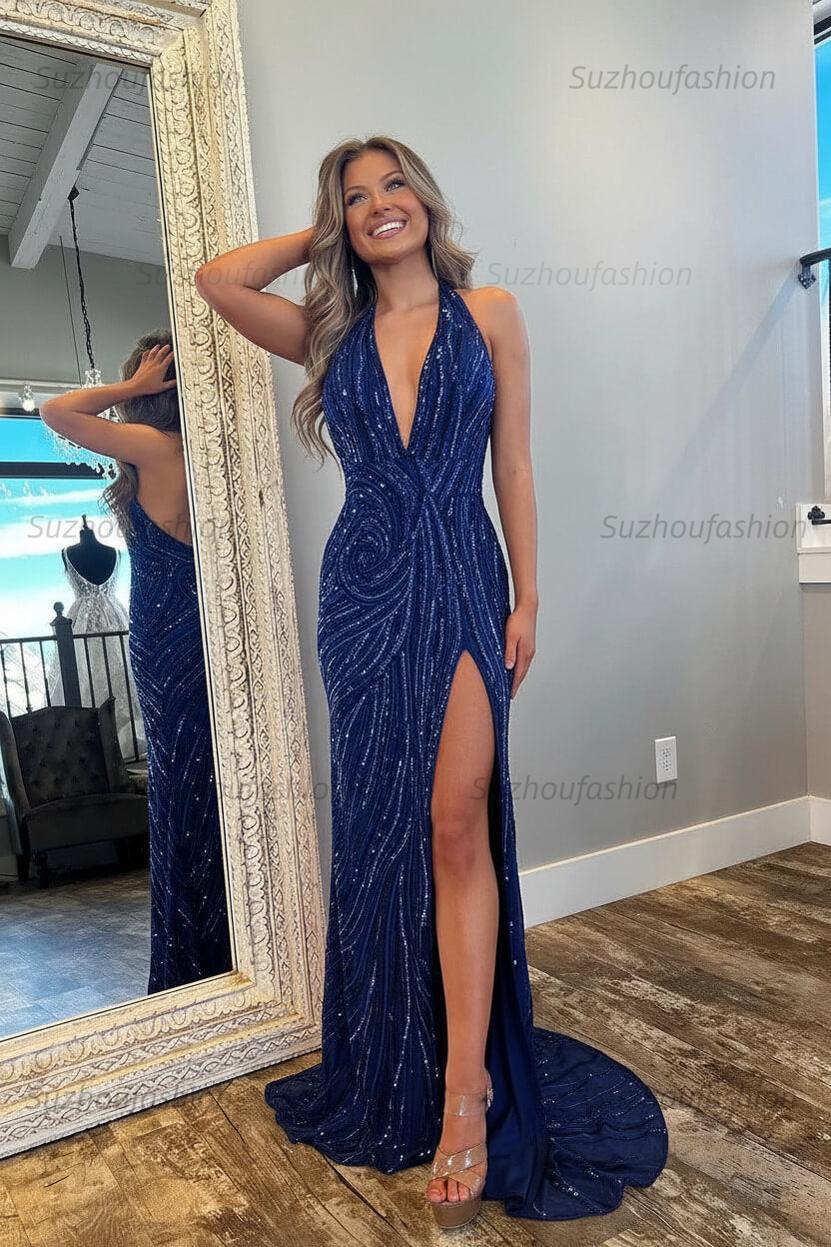Halter Prom Dress Pink and Orange Mermaid Evening Dress with Slit